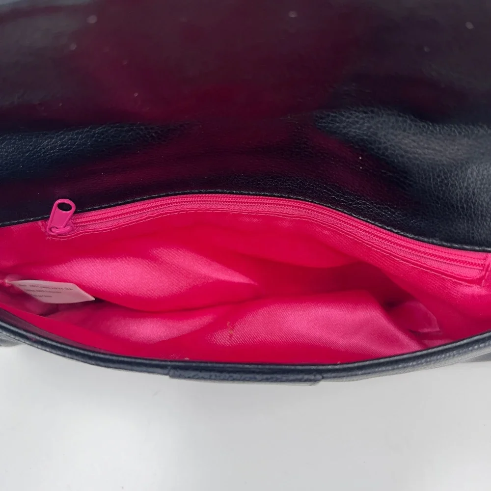 Vintage Black Leather Clutch Silver Buckle Pink Lining Y2K Moto Mod Evening Bag